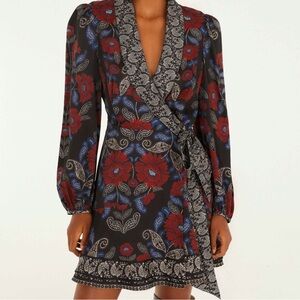 Farm Rio Black Valentina Wrap Viscose Mini Dress. L. NWT